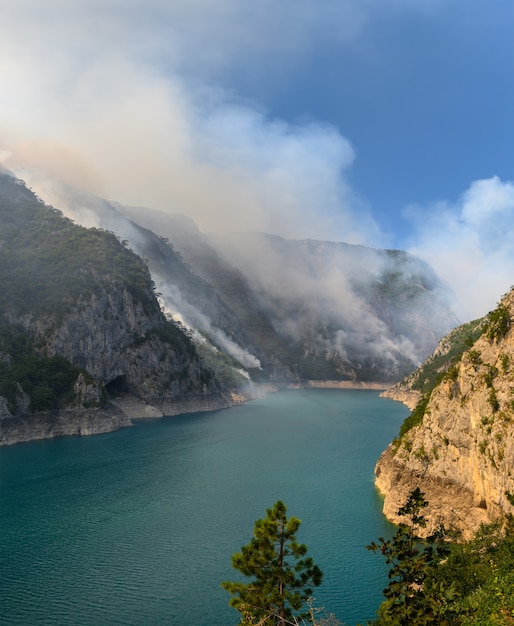 Incendio forestal en el lago piva en el parque nacional de montenegro