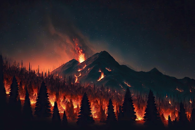 Incendio forestal de montaña por la noche con árboles en llamas creados con ai generativo