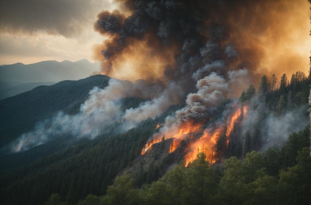 Incendio forestal en las montañas al atardecer El concepto de desastre natural