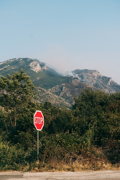 Incendio forestal en las montañas y parada de señal de tráfico