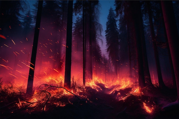 incendio forestal en neón de verano