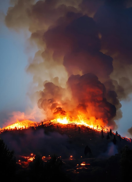 Incendio forestal nocturno en la montaña con gran humo