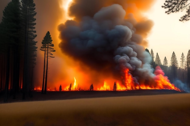 Incendio forestal peligroso Llamas ardientes en el bosque Quema controlada Árboles en humo