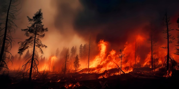 Incendio forestal que genera olas de calor y remolinos de humo.