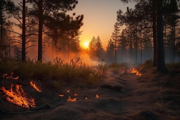 Incendio furioso en el bosque con enormes llamas y ai generativa de humo espeso