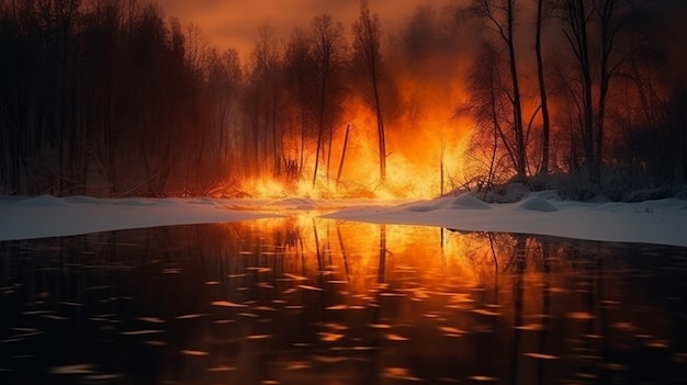 Incêndio laranja ardente na floresta de inverno na margem do rio generative ai