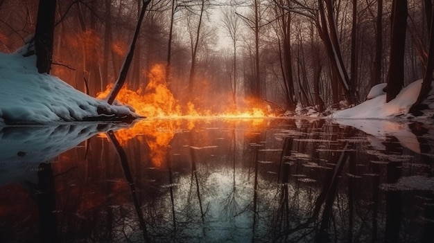 Incêndio laranja ardente na floresta de inverno na margem do rio generative ai