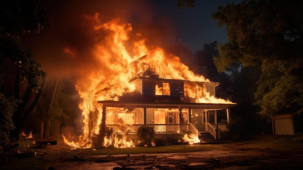 Foto incêndio na casa a casa está em chamas envolvida em chamas edifício em chamas incêndio selvagem inferno destrói casa acidente catastrófico ruínas residenciais noite