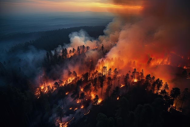 Incêndio na floresta ao pôr do sol Desastre natural devido à onda de calor