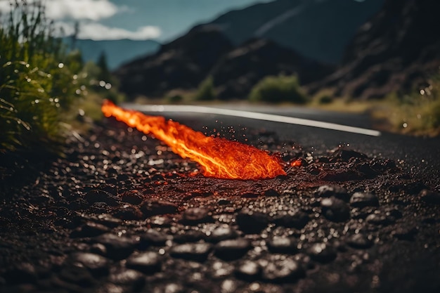 Foto incêndio no meio da estrada.