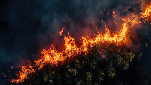 Incêndio noturno na floresta com fogo e fumaçaFoto aérea épica de uma chama selvagem fumeganteUm fogo ardente à noite Incêndios florestaisA grama seca está queimando mudança climáticaecologiaFogo de linha no escuro