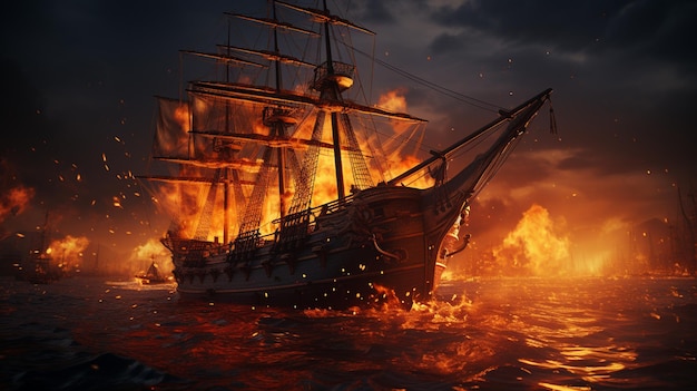 Incêndio num navio no mar
