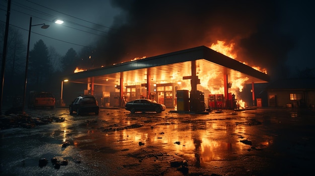 Foto incêndio numa estação de gasolina.