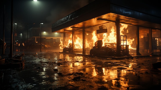 Foto incêndio numa estação de gasolina.