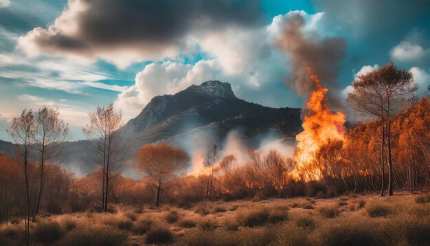 Incendio peligroso en el bosque que quema árboles y colinas desastre natural problema ambiental incendio forestal