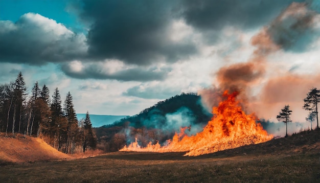 Incêndio perigoso na floresta queimando árvores e colinas desastre natural problema ambiental incêndio florestal