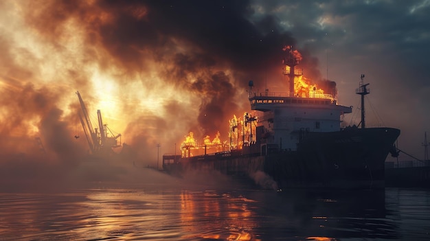 incendio en el puerto marítimo barco de carga en llamas