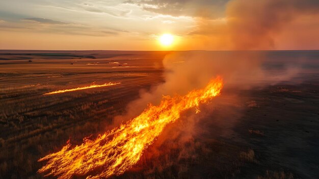 Incêndio selvagem dramático queimando vastos campos ao pôr-do-sol uma captura vívida da fúria da natureza documentando questões ambientais com visuais impressionantes AI