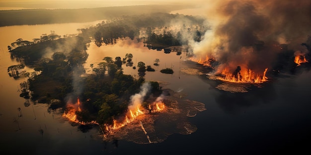 incêndios à beira de um lago no estilo da arte fotográfica aérea de tonga