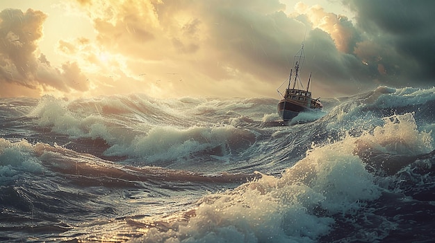 Incerteza no mercado Mar tempestuoso com um navio solitário