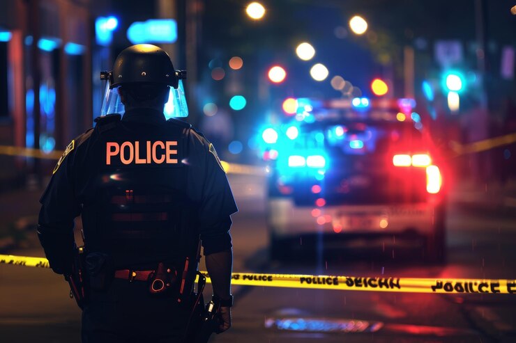 Foto incidente policial crime à noite cercado