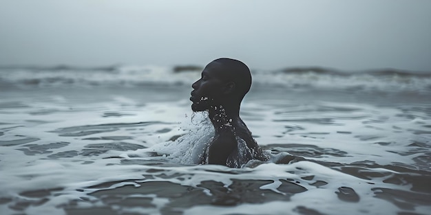 Foto incidente traumático de casi ahogamiento deja a un hombre afroamericano con miedo al agua en la playa concepto fobia del agua experiencia traumática incidente de cerca de ahogamiento hombre afroamericano emociones temerosas