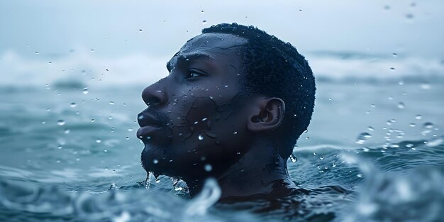 Foto incidente traumático de casi ahogamiento deja a un hombre afroamericano con miedo al agua en la playa concepto fobia del agua experiencia traumática incidente de cerca de ahogamiento hombre afroamericano emociones temerosas