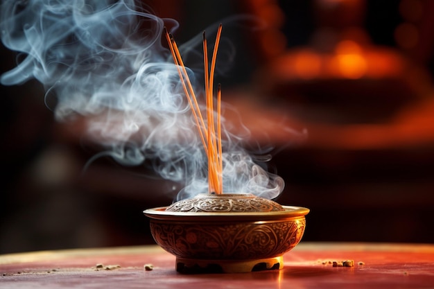 El incienso ardiente con el humo enrollado hacia arriba
