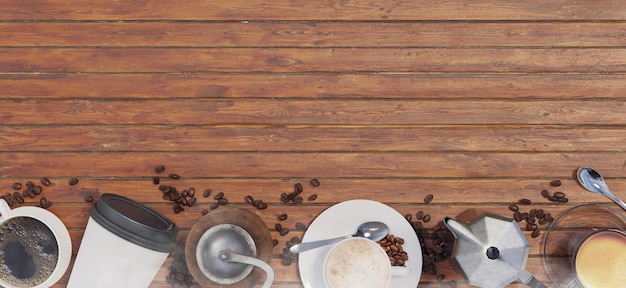 Inclui equipamentos de café fresco na mesa, no chão de madeira, grãos de café torrados e canecas de café 3D
