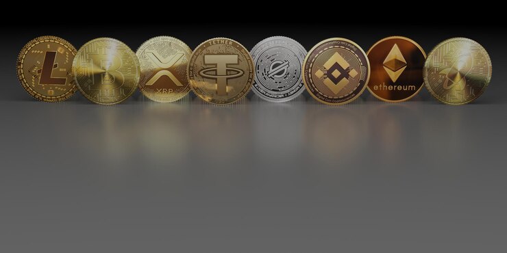 Foto incluya monedas de criptomoneda con símbolos bitcoin litecoin y ethereum sobre fondo oscuro