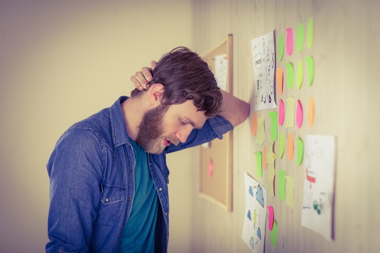 Foto inconformista barbudo que mira la pared de la lluvia de ideas
