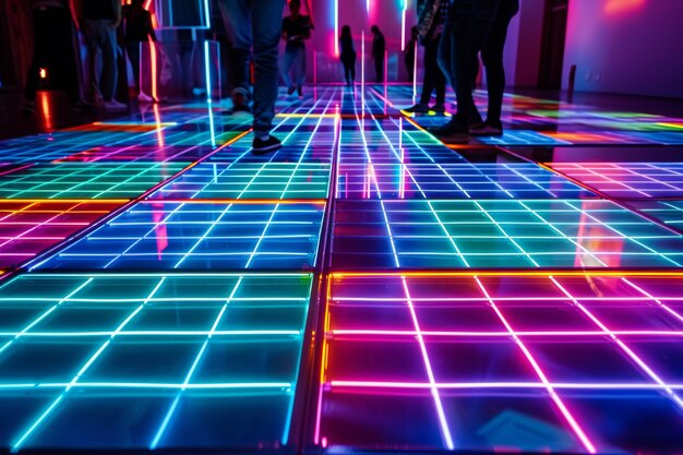 Foto incorporando criatividade e inovação digital grades de néon vibrantes iluminam um piso futurista