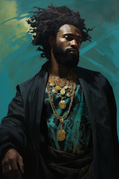 Incorporando Raízes Culturais O retrato majestoso de um homem negro adornado com vestes tribais e jóias
