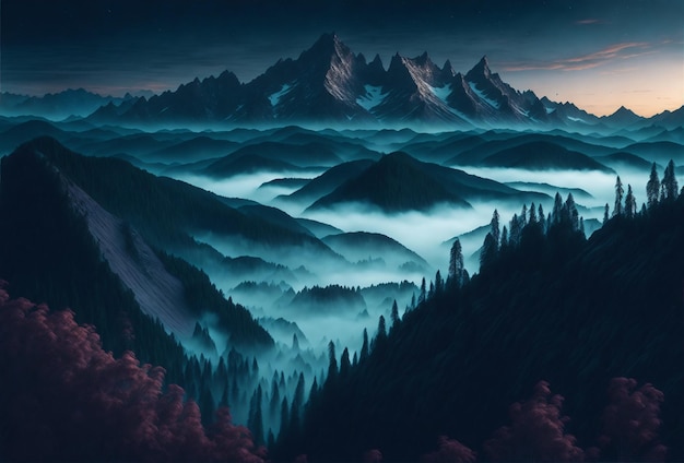 Increíble banner panorámico de paisaje de niebla y montañas