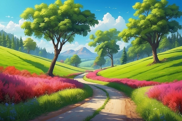 Increíble carretera rural con árboles de color verde hierba