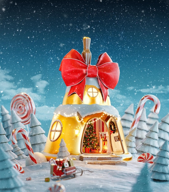 Increíble casa de hadas decorada en Navidad en forma de campana de Navidad con cinta roja y luces de Navidad en el bosque mágico con bastones de caramelo inusual tarjeta postal de ilustración de Navidad 3d