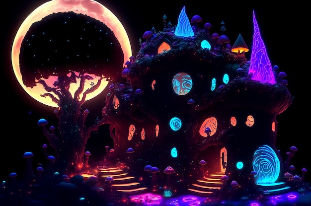 Increíble casa de setas de dibujos animados oscuros en un prado en medio del bosque mágico de terror ilustración 3D
