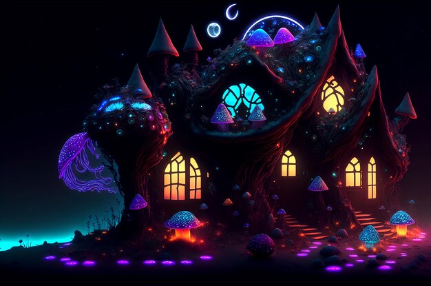 Increíble casa de setas oscuras en un prado en medio de la ilustración 3D del horror del bosque mágico
