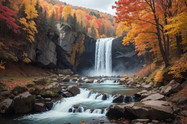 Increíble cascada en el colorido bosque de otoño