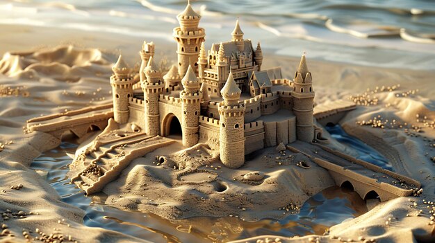 Increíble castillo de arena en la playa con las olas chocando en el fondo