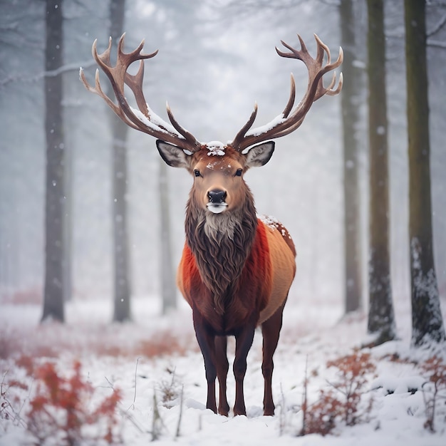 Increíble ciervo rojo en el bosque de invierno cubierto de nieve Ai Generated