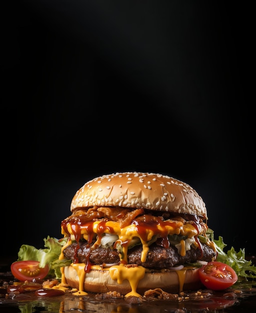 Una increíble y deliciosa hamburguesa con queso con fondo negro AI generativa