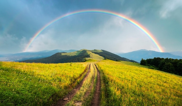 Increíble escena en las montañas de verano Exuberantes prados de hierba verde en la fantástica luz del sol de la tarde Camino rural y hermoso arco iris en un cielo espectacular Panorama de fotografía de paisaje
