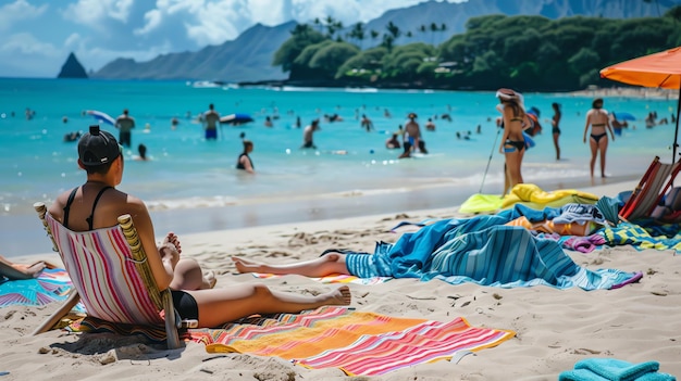 Foto increíble escena de playa de verano con palmeras de agua cristalina y mucha gente feliz disfrutando de sus vacaciones