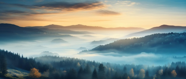 Increíble estandarte panorámico de fondo desde un paisaje de niebla