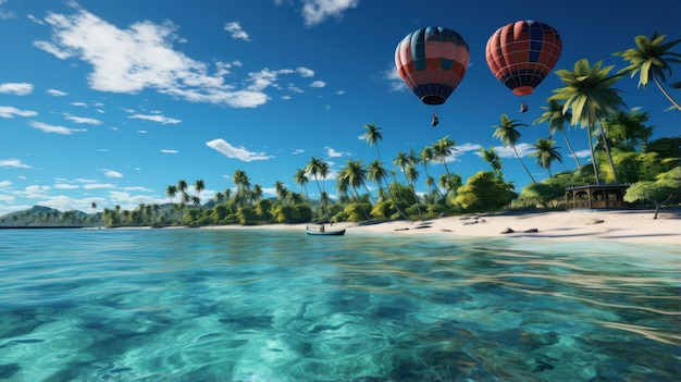 Increíble fondo de playa tropical como paisaje de verano de arena blanca y mar tranquilo playa soleada con globos de aire caliente y barcos