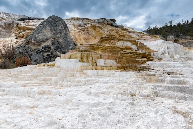 Increíble formación única Mammoth Hot Springs en el Parque Nacional Yellowstoone