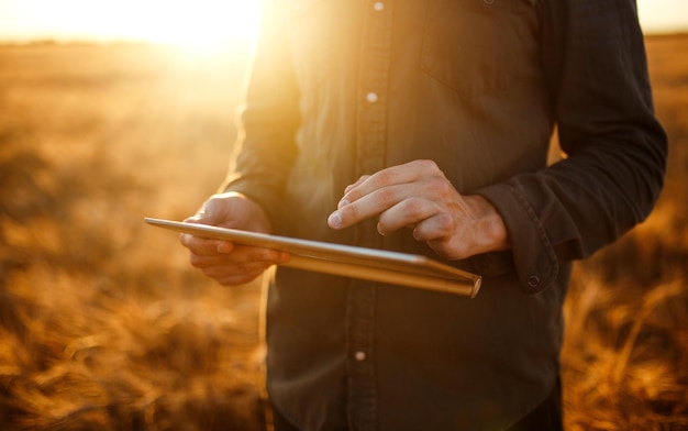 Foto increíble foto de un agricultor revisando el progreso del campo de trigo sosteniendo una tableta usando internet