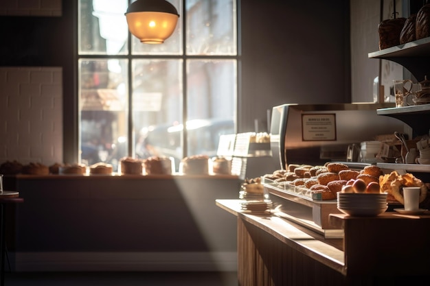 Increíble foto de hermosa panadería y pasteles en el fondo de un café de estilo nórdico