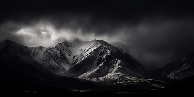 Increíble fotografía en blanco y negro de hermosas montañas y colinas con cielos oscuros paisaje vista de fondo escena